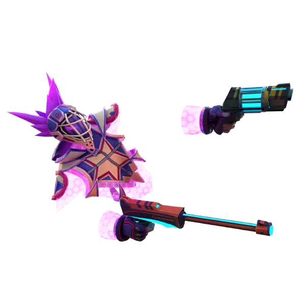 Dracx, facing right, wielding a Viper and a Raptor ready for a Blaston duel